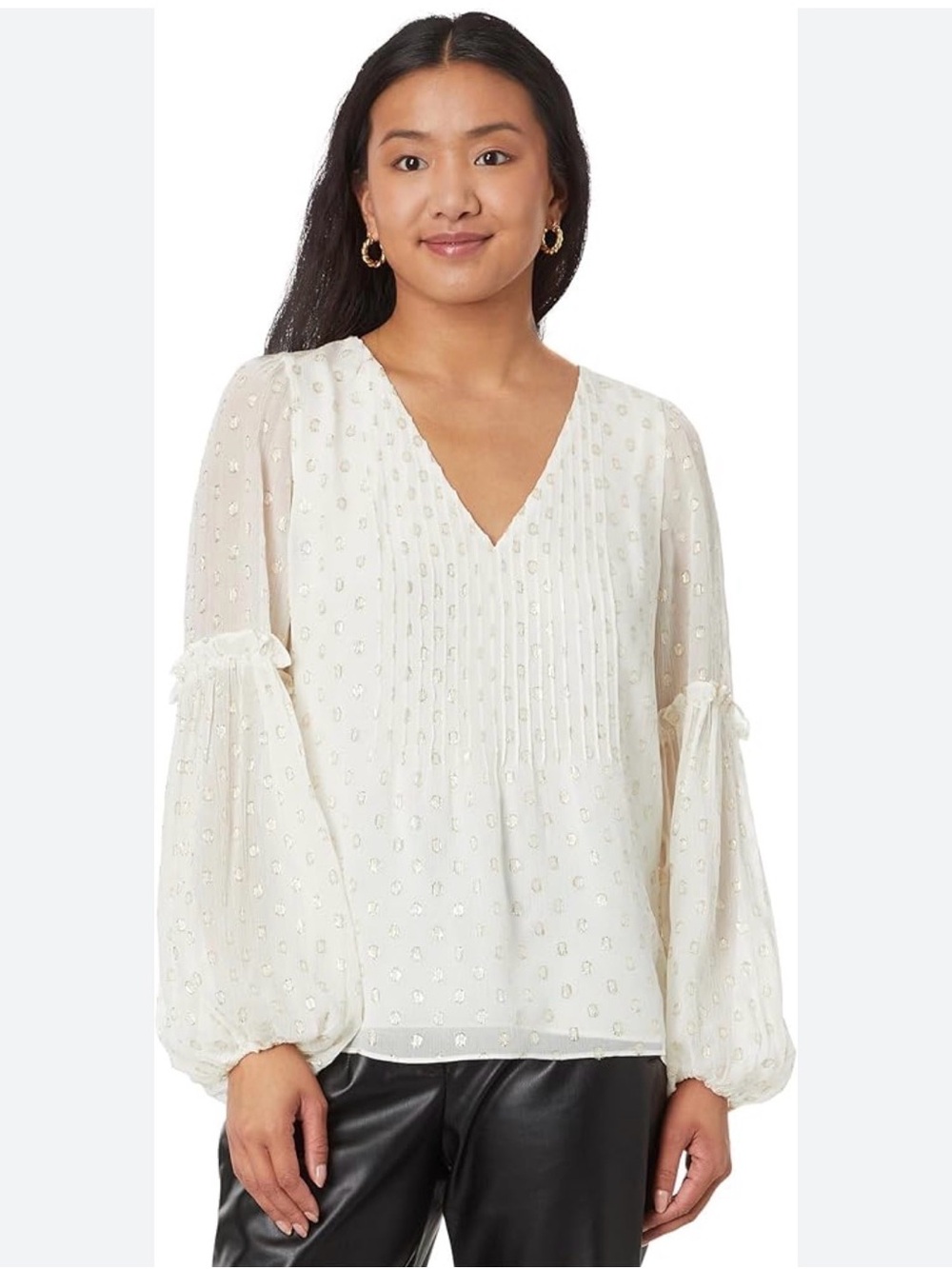 Lilly Pulitzer  V-Neck Pintuck pleated gold metallic balloon sleeve